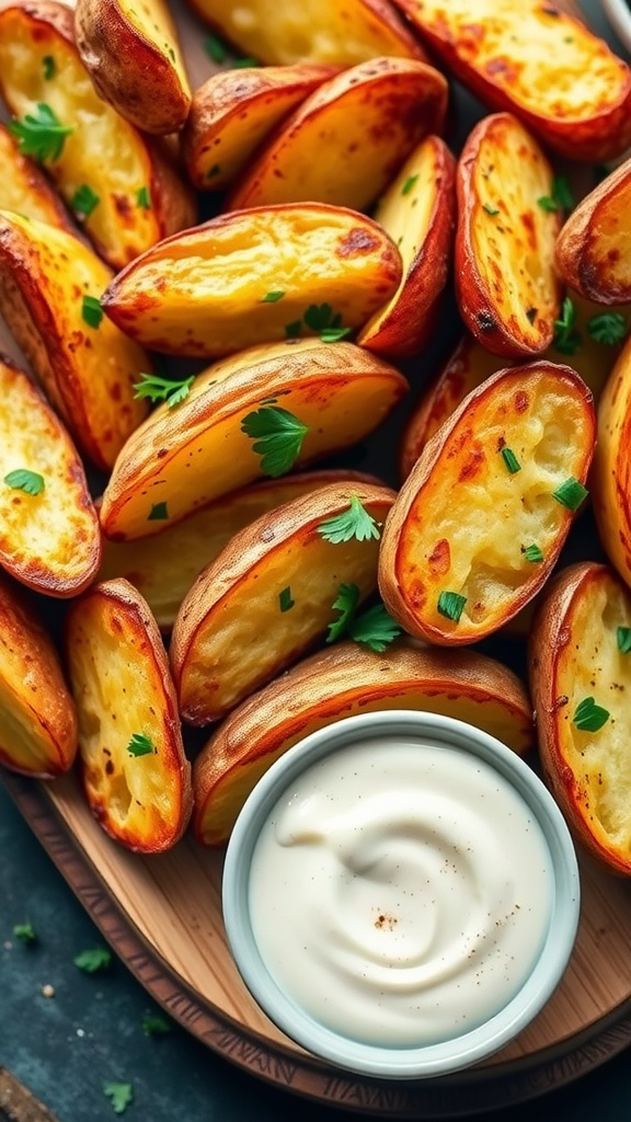 Crispy baked potato wedges on a wooden tray with parsley garnish and dipping sauce.